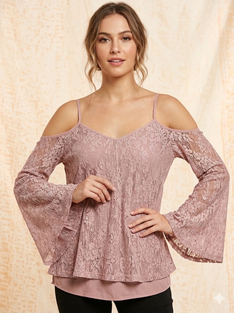 Umgee Mauve Lace Cold-Shoulder Blouse